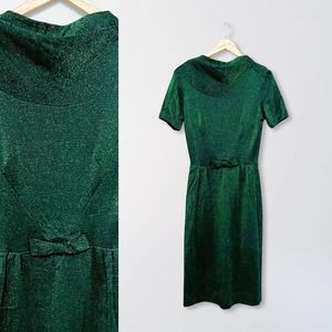 60s Sparkly Green Bow Wiggle Dress | Small